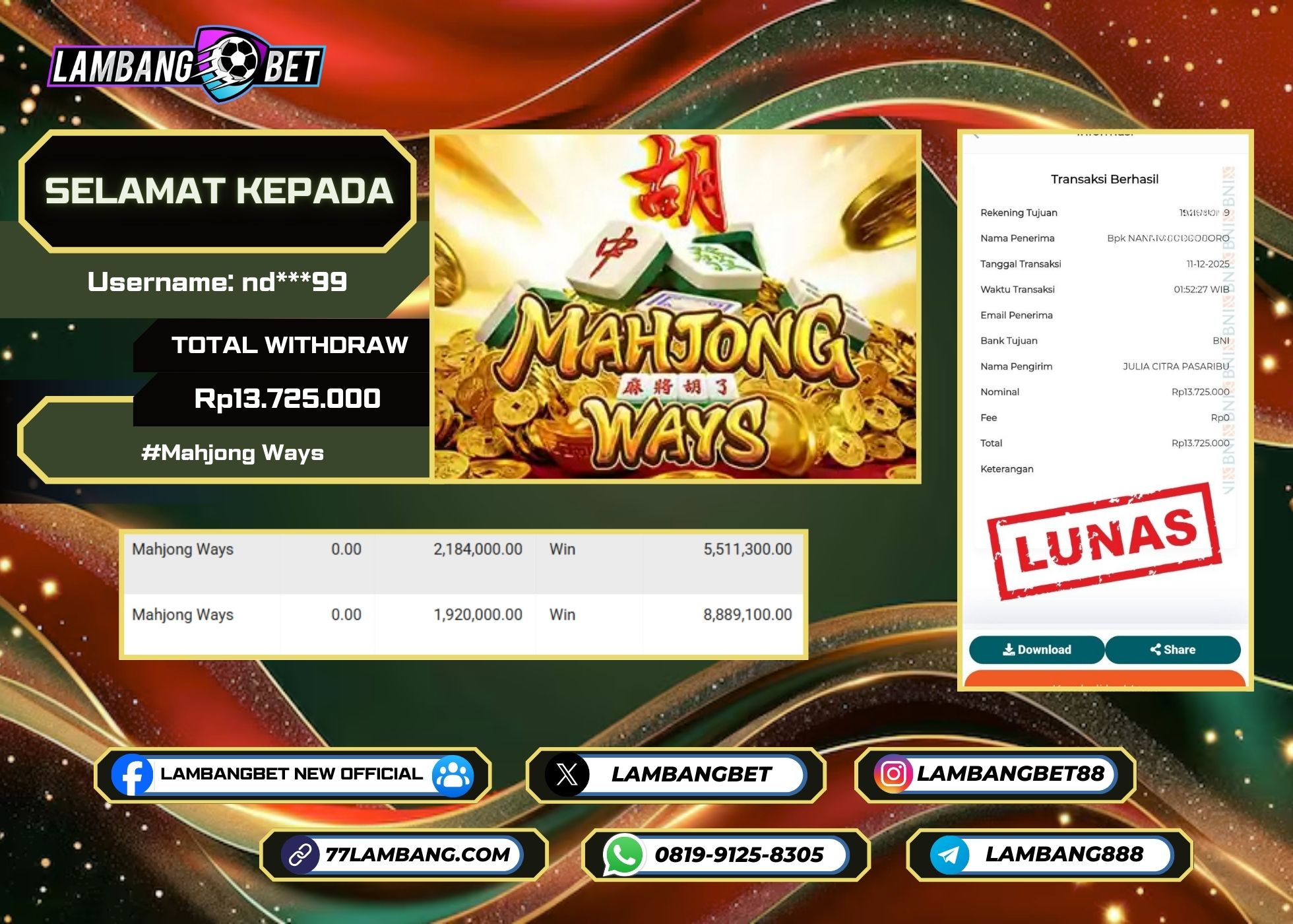 LAMBANGBET [11 DESEMBER 2025] JACKPOT SLOT Mahjong Ways "Rp13.725.000" LUNAS